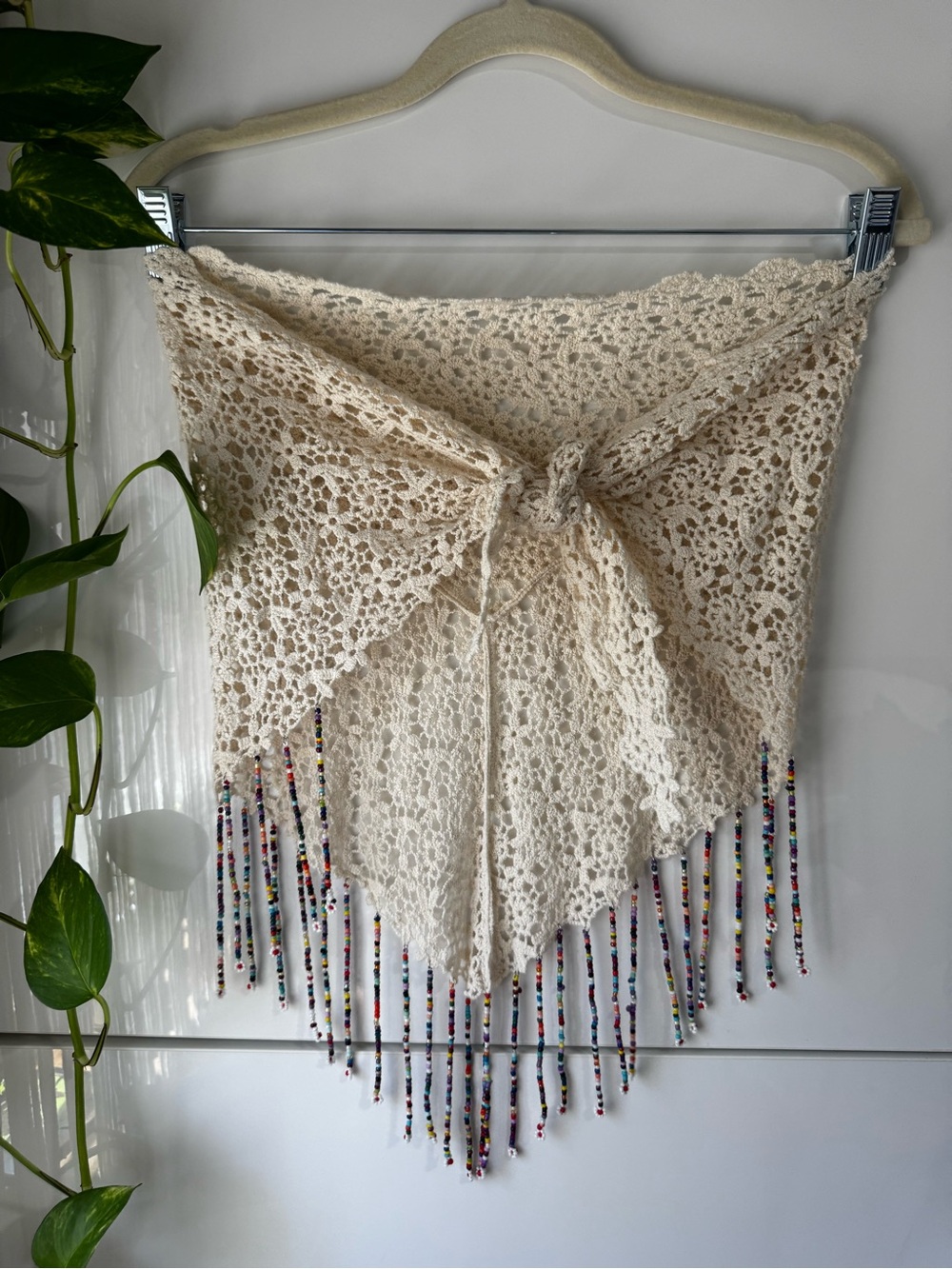 Urban Outfitters Crochet Beaded Fringe Tank Top in Cream with Multicolor Beads - Picture 2 of 5